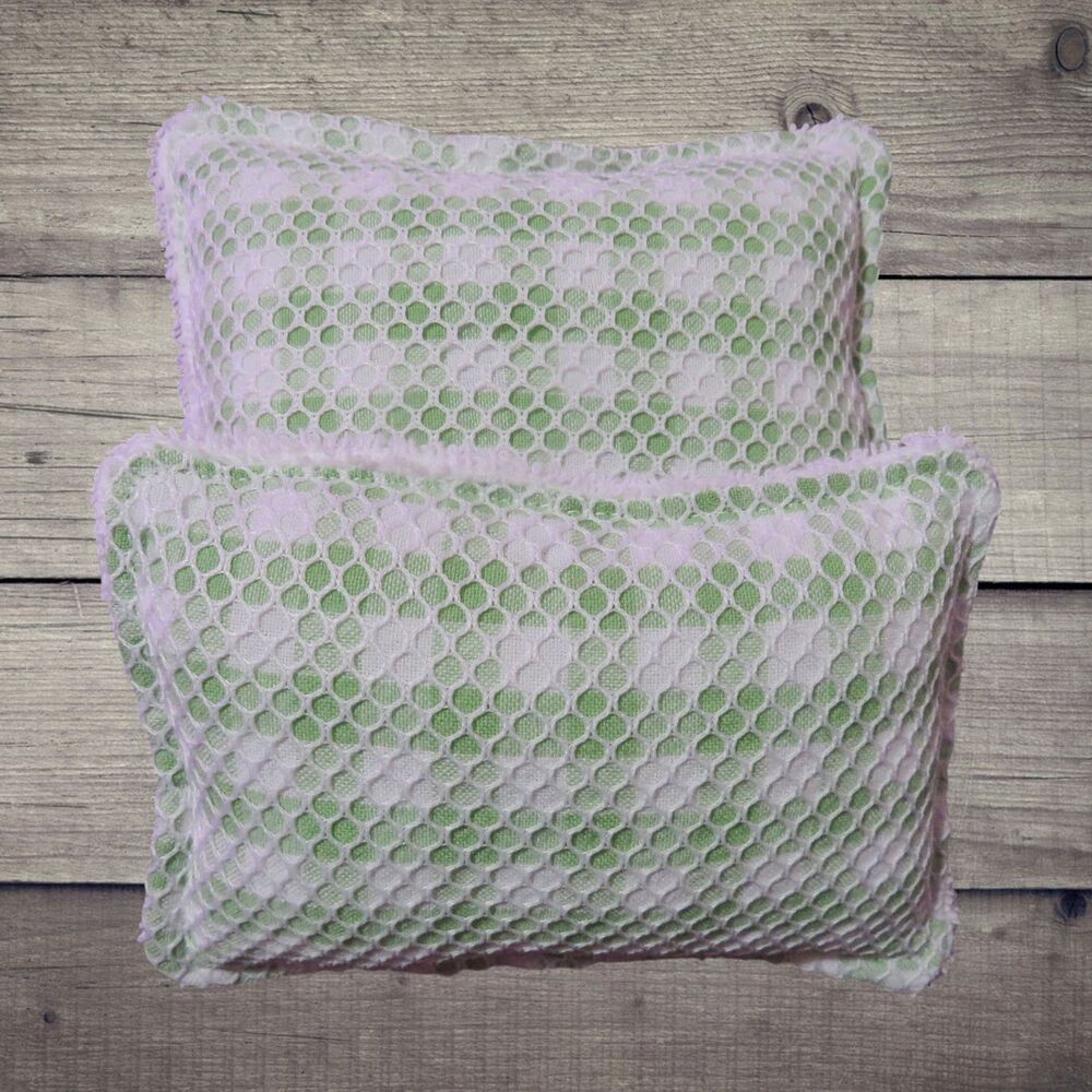Reusable, Washable Sponge, Green Gingham Dish Scrubby, Set Of 2